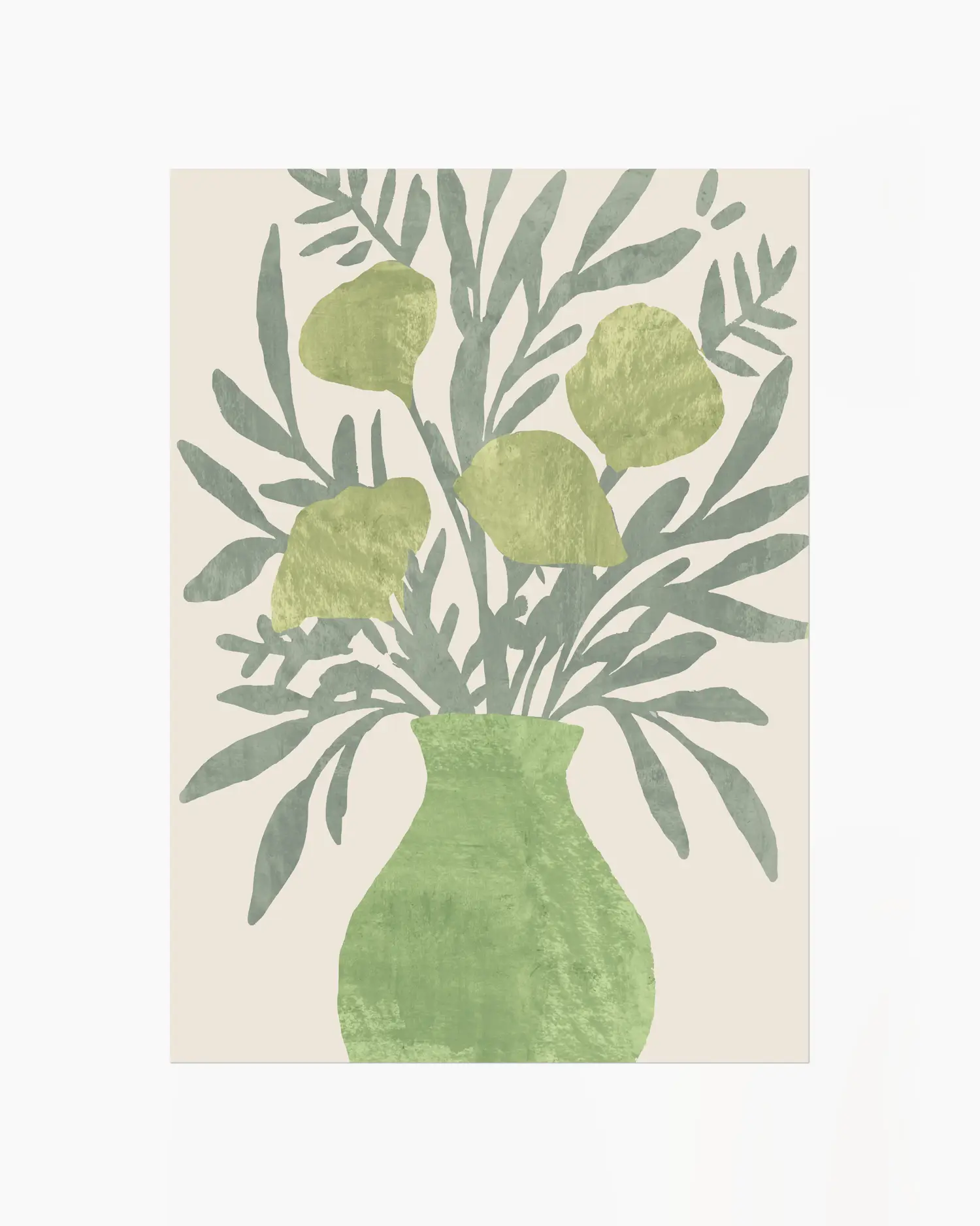 Decorative design of green leaves and a vase on a beige background