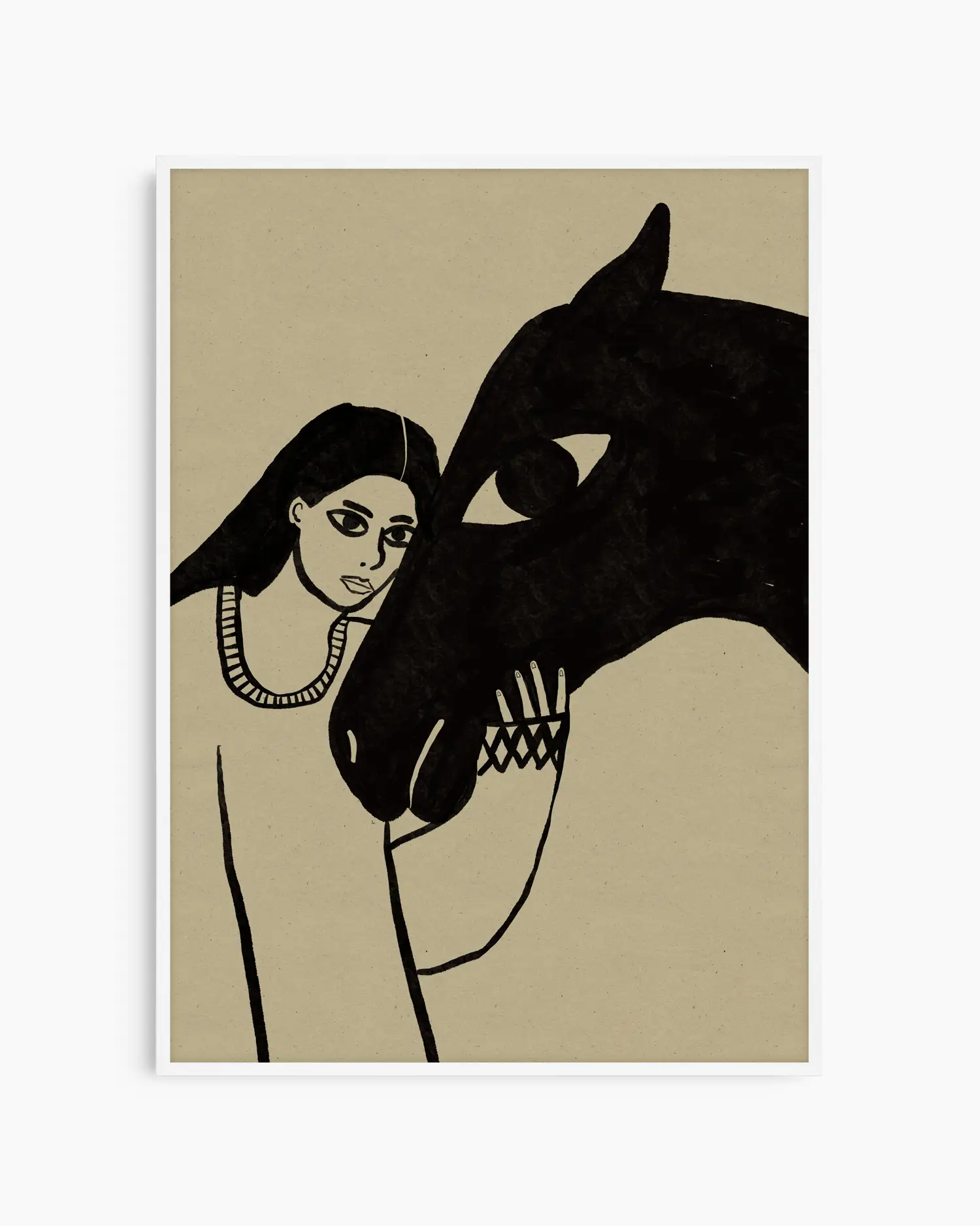 Illustration of a woman and a horse on a beige background