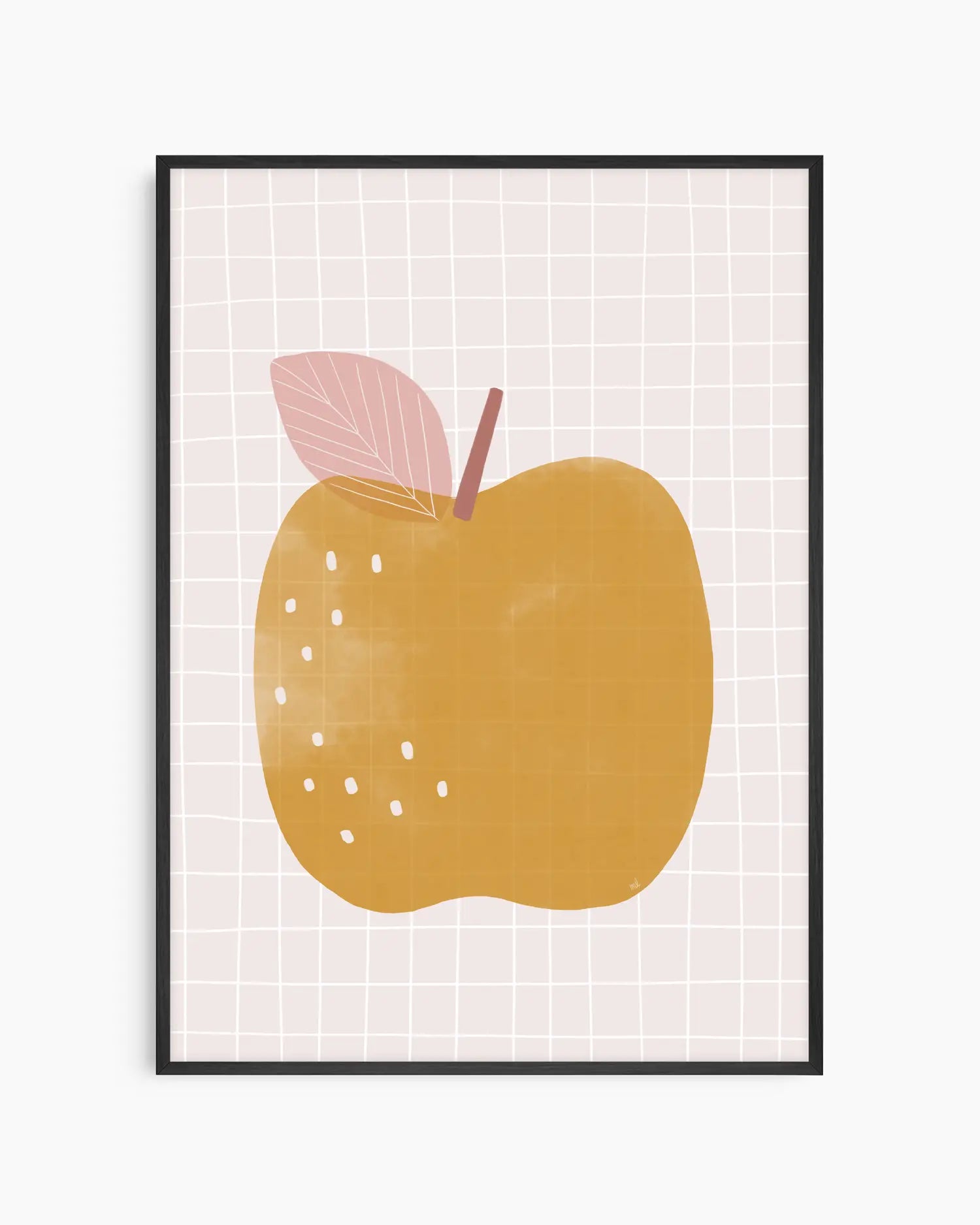 Framed artwork of a yellow apple with a pink leaf on a grid background