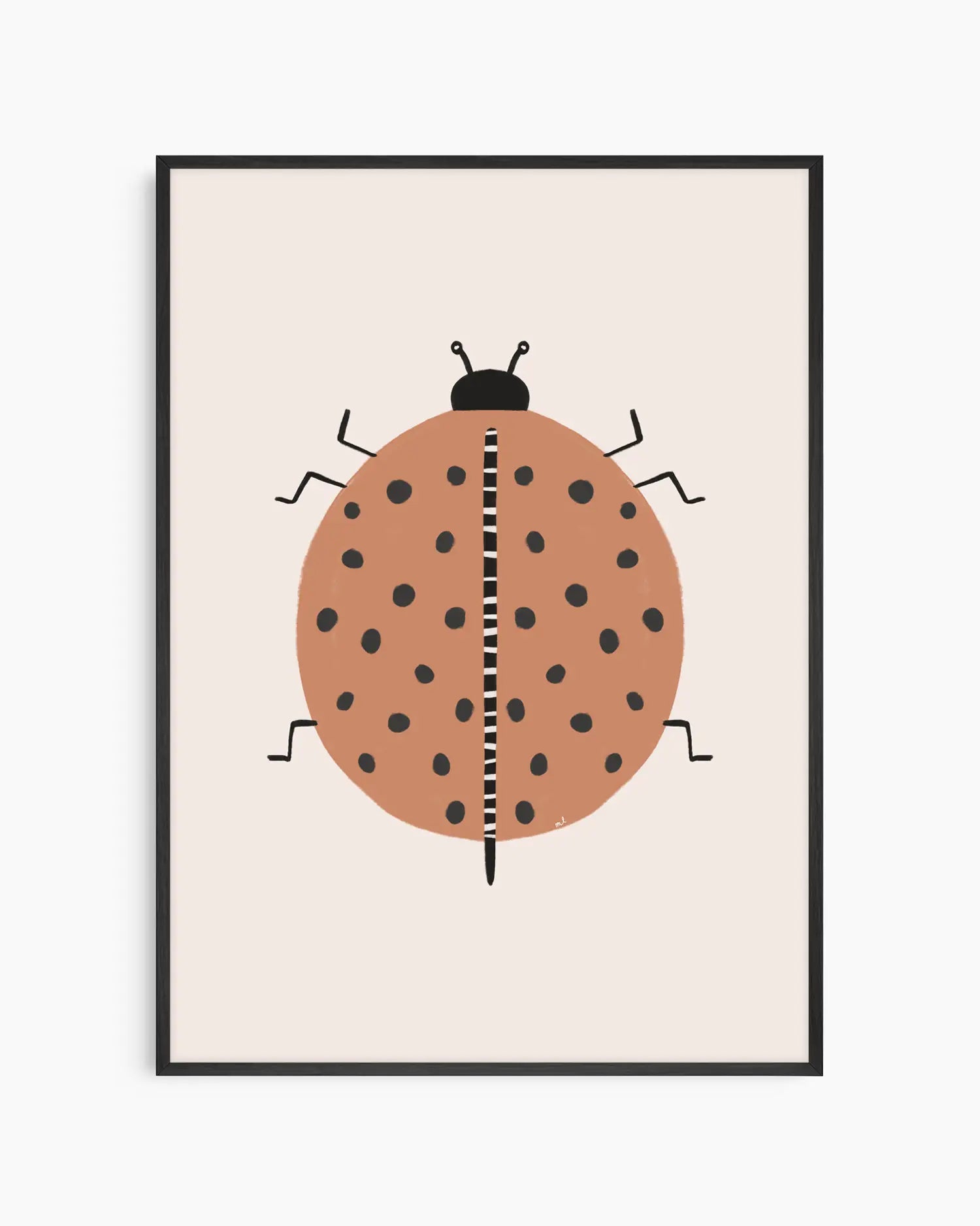 Framed artwork of a ladybug on a beige background. Black frame.