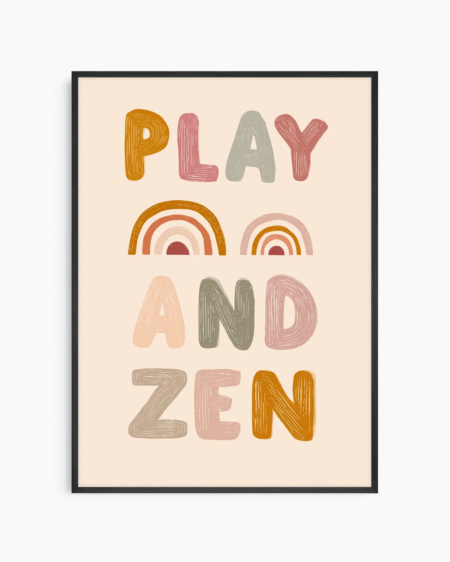 Framed artwork with 'PLAY AND ZEN' text and rainbow designs on a beige background