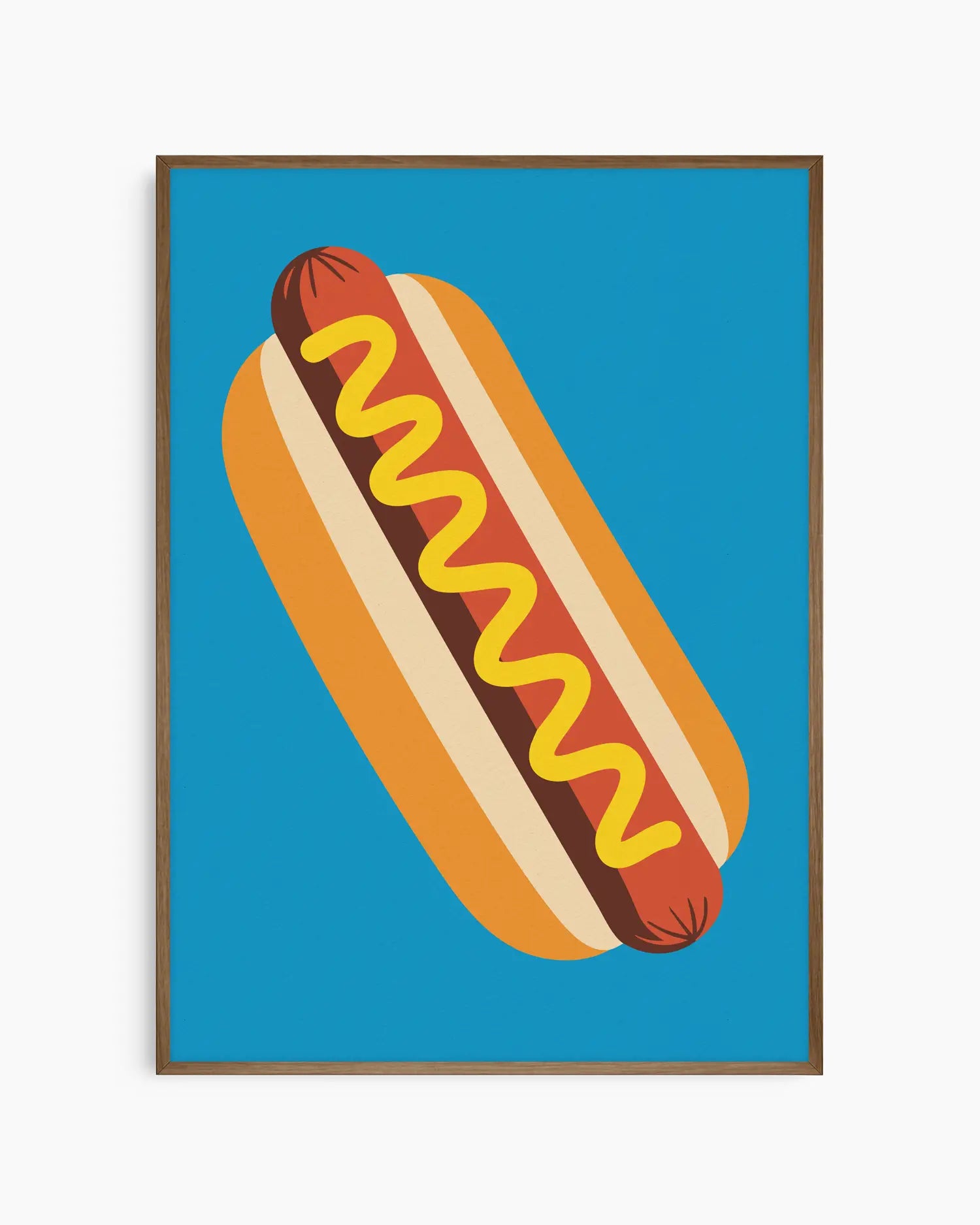 Illustration of a hot dog with mustard on a blue background