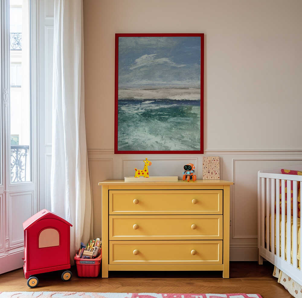 Framed abstract poster with blue and green colours hanging on the wall