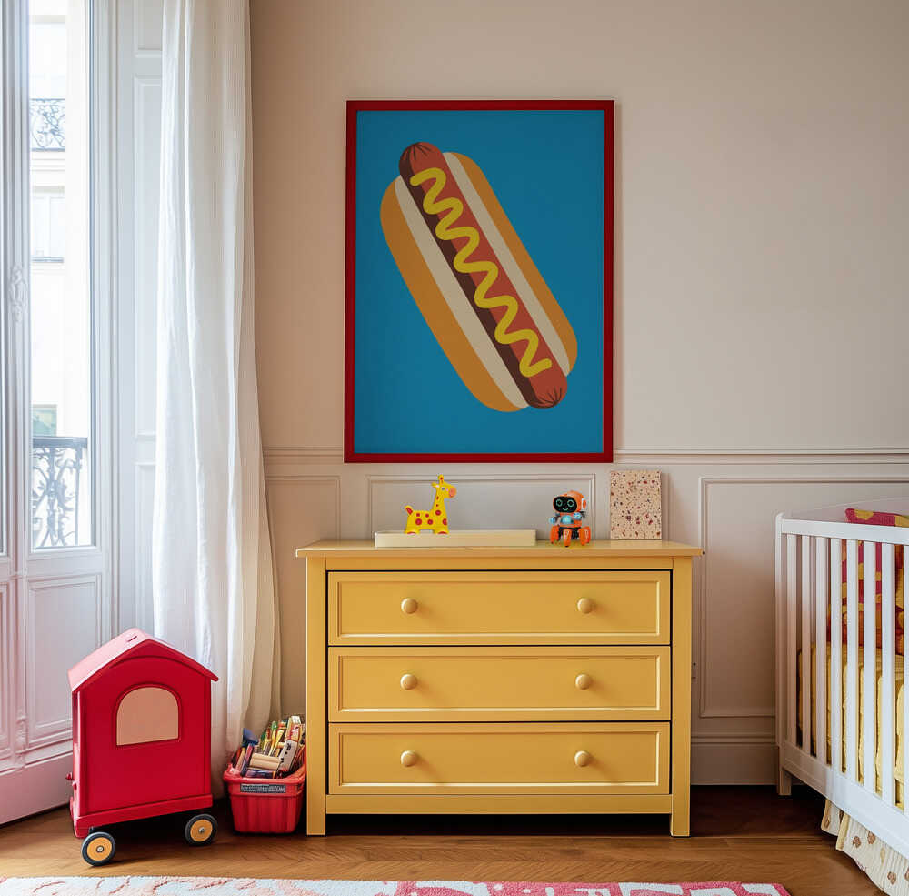 Framed children's poster of a hot dog on a blue background in the nursery