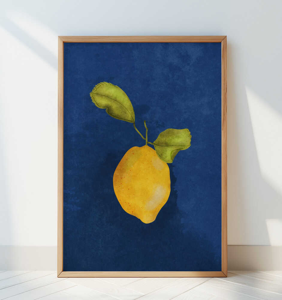 Framed lemon poster displayed in a bright minimal room. Watercolor citrus artwork on deep blue background, ideal for Scandinavian interiors, fresh kitchen decor, or cozy modern dining room styling.