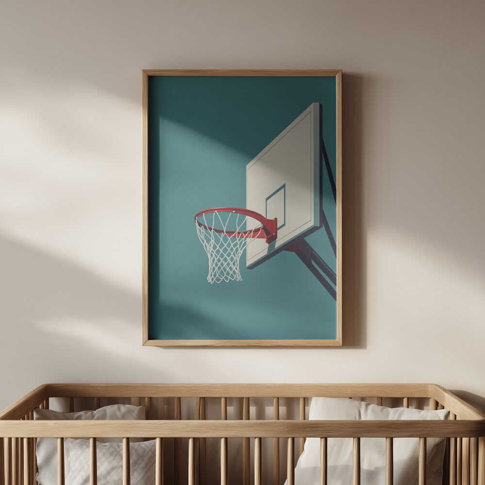 Children's poster of a basketball hoop hanging on the wall in the nursery